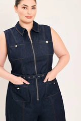 Flying Tomato Plus Size Front Zipper Denim Jumpsuit - Dark Denim