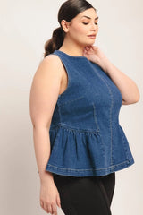FLYING TOMATO Plus Size Peplum Washed Denim Top - Medium Indigo