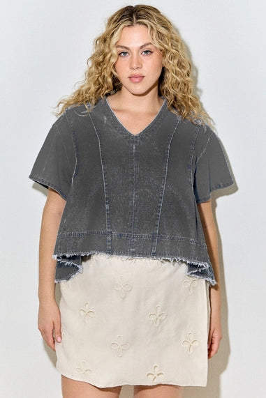 Baevely (Plus Size) V-Neck Denim Top - Black