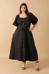 Flying Tomato Plus Size Square Neckline Textured Woven Midi Dress - Black