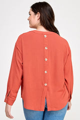 Haute Fox Plus Size V-Neck Back Button Down Long Sleeve Top