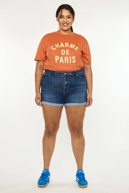 Kan Can Plus Size High Rise Denim SHORTS - Dark Wash