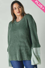 Davi & Dani Plus - Contrast Cuff Ribbed Knit Scoop Neck Sweater