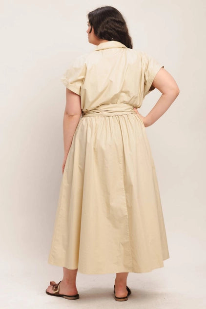 Flying Tomato Plus Size Cuffed Sleeve Woven Midi Dress - Taupe