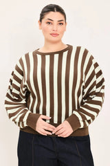 Flying Tomato Dolman Sleeve Sweater Knit Top - Brown/Ivory
