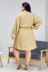 Davi & Dani Plus - Ditsy Print Button Front Drawstring Waist Shirt Dress - Taupe
