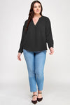 Haute Fox Plus Size V-Neck Back Button Down Long Sleeve Top