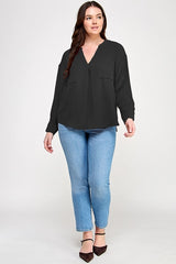 Haute Fox Plus Size V-Neck Back Button Down Long Sleeve Top