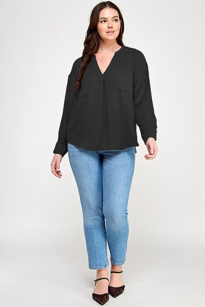 Haute Fox Plus Size V-Neck Back Button Down Long Sleeve Top