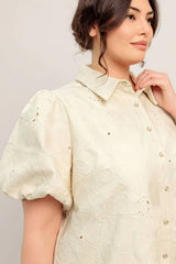 Flying Tomato Plus Size Button Down Textured Woven Mini Dress - Cream