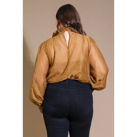 FLYING TOMATO Plus Solid Bow Tie Organza Top - Camel