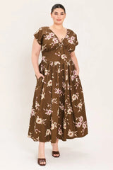 Flying Tomato Plus Size Corset Waist Printed Woven Midi Dress - BROWN FLORAL