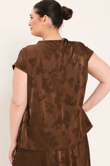 Flying Tomato Plus Size Funnel Neckline Woven Jacquard Top - Brown
