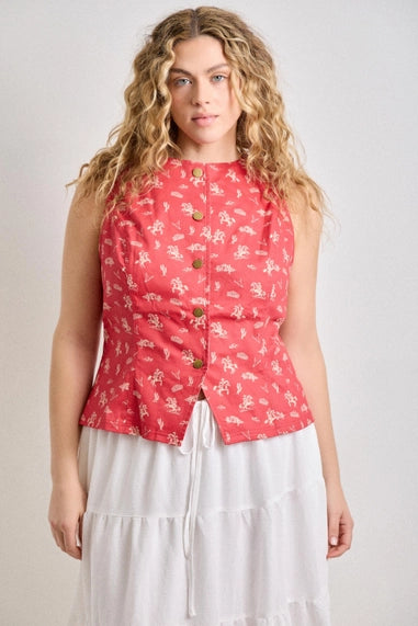 Baevely Plus Size Western Print Button-Front Vest Top - Red