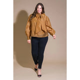 FLYING TOMATO Plus Solid Bow Tie Organza Top - Camel