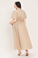 Flying Tomato Plus Size Self Sash Tie Contrasting Woven Midi Dress - Taupe