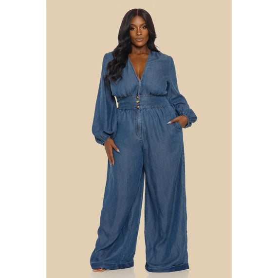 DORCAS Plus Lsv Washed Dark Denim Jumpsuit