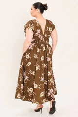 Flying Tomato Plus Size Corset Waist Printed Woven Midi Dress - BROWN FLORAL