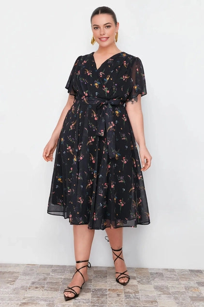 WOJCOR Plus Size Patterned Chiffon Wrap Dress - Multi