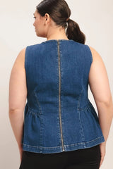 FLYING TOMATO Plus Size Peplum Washed Denim Top - Medium Indigo