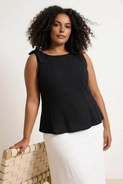 WOJCOR Plus Size Sleeveless Peplum Blouse with Waist and Shoulder Bow Detail
