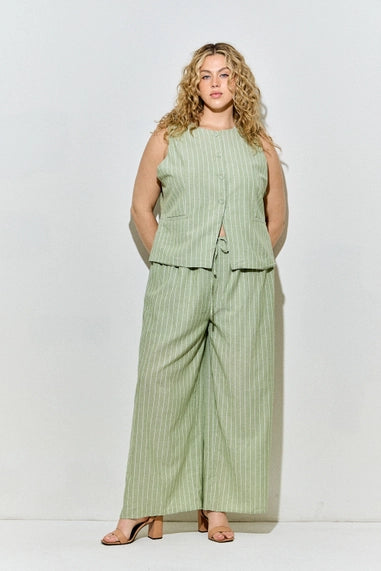Baevely (Plus) Pinstripe Button Up Vest Top - MATCHA/IVORY