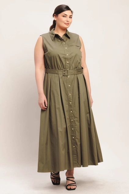 Flying Tomato Plus Size Full Circle Solid Woven Midi Dress - Olive