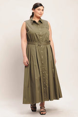 Flying Tomato Plus Size Full Circle Solid Woven Midi Dress - Olive