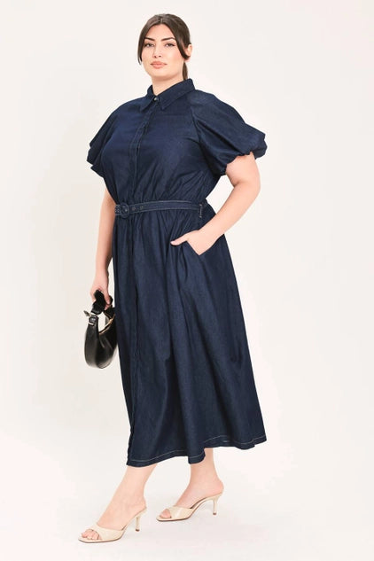 Flying Tomato Plus Size Bubble Sleeve Denim Midi Dress - DARK DENIM