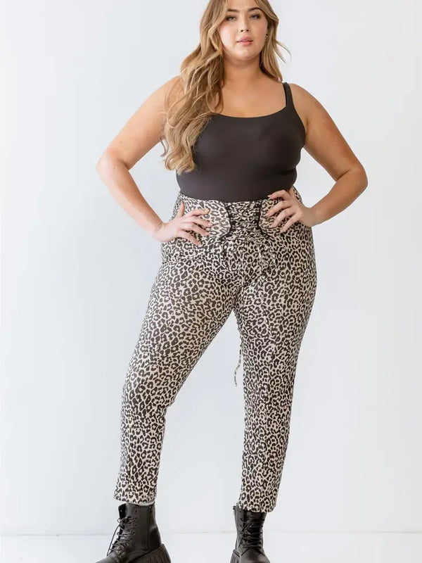 Plus Size Leopard Print Lace-Up Detail Fitted Pants
