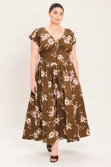 Flying Tomato Plus Size Corset Waist Printed Woven Midi Dress - BROWN FLORAL