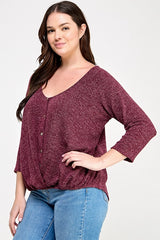 Haute Fox Plus Size Hacci Sweater Knit Button Down Drape Top