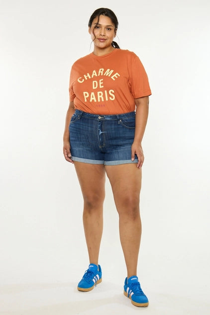 Kan Can Plus Size High Rise Denim SHORTS - Dark Wash