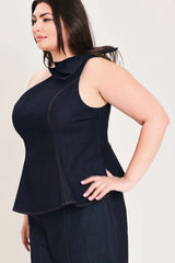 Flying Tomato Plus Size One Shoulder Denim Top - Dark Denim