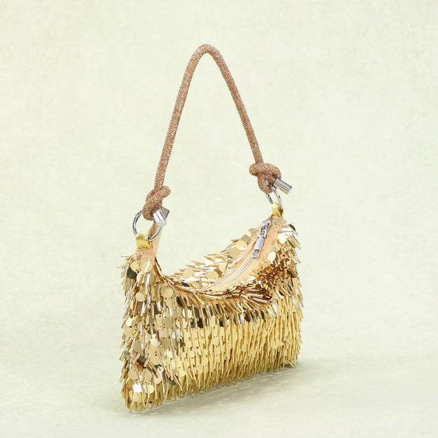 PEACH ACCESSORIES Sparkle and Shine Silver Fringe Bag - Gold