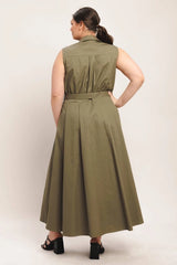 Flying Tomato Plus Size Full Circle Solid Woven Midi Dress - Olive