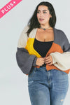 Davi & Dani Plus - Color Block Chunky Knit Balloon Sleeve Cardigan - Grey Combo