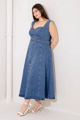 Flying Tomato Plus Size Washed Sweetheart Denim Midi Dress - Denim Blue