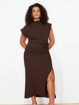WOJCOR Plus Size Midi Knit Dress with Gathering Detail - Brown