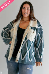 Plus - Diamond Pattern Boucle Collared Button Front Cardigan - Teal