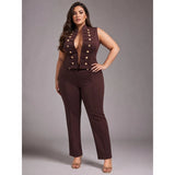 Curve Market Plus Size Military Napoleon Style High Collar Button Detail - Brown
