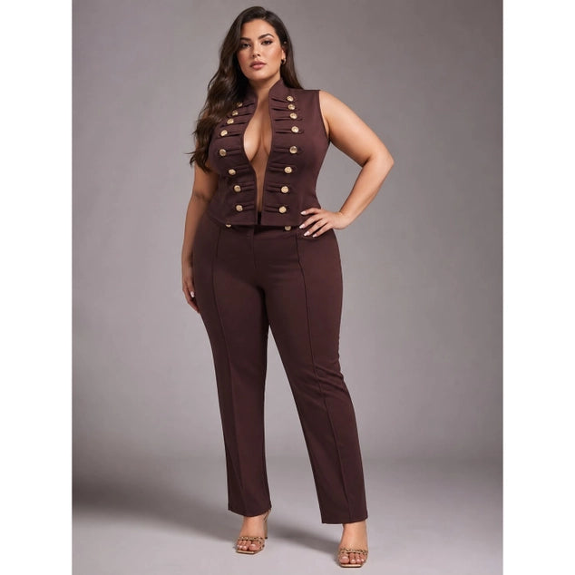 Curve Market Plus Size Military Napoleon Style High Collar Button Detail - Brown