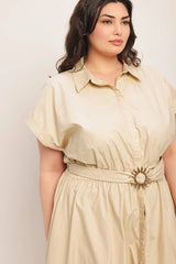 Flying Tomato Plus Size Cuffed Sleeve Woven Midi Dress - Taupe