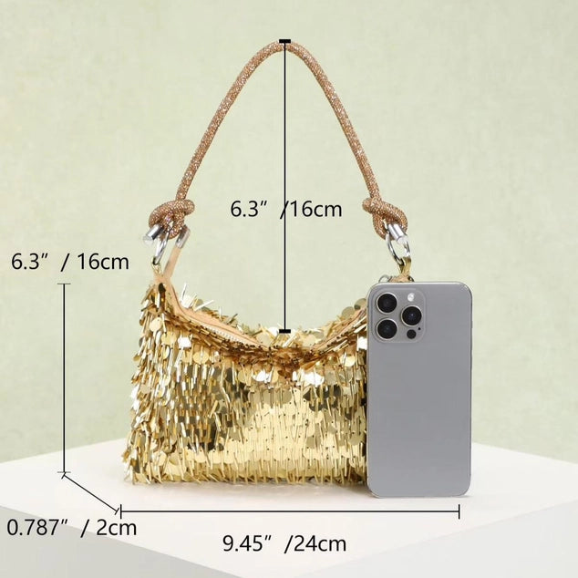 PEACH ACCESSORIES Sparkle and Shine Silver Fringe Bag - Gold