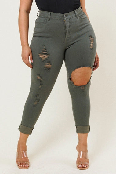 Vibrant M.i.U Plus Freebird Destroyed Skinny Jeans - Olive