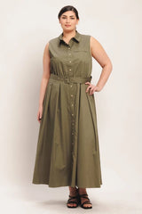 Flying Tomato Plus Size Full Circle Solid Woven Midi Dress - Olive