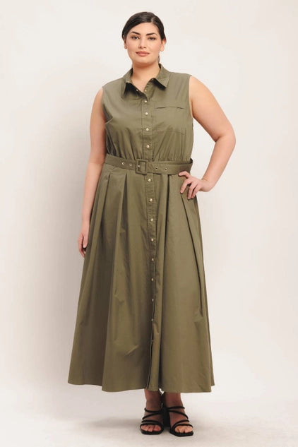 Flying Tomato Plus Size Full Circle Solid Woven Midi Dress - Olive