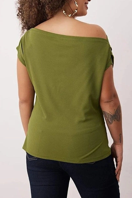 WOJCOR Plus Size Draped Detail Asymmetrical Collar Knitted Blouse
