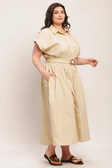 Flying Tomato Plus Size Cuffed Sleeve Woven Midi Dress - Taupe