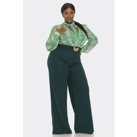 DORCAS Plus Front Necktie Long Sleeve Gold Belt Jumpsuit